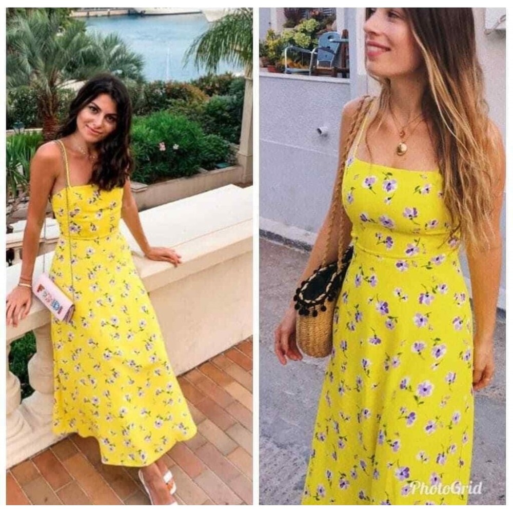 Zara Blogger Favorite Midi Tank Cami Sun dress Yellow Floral XS Smoked Spaguetti